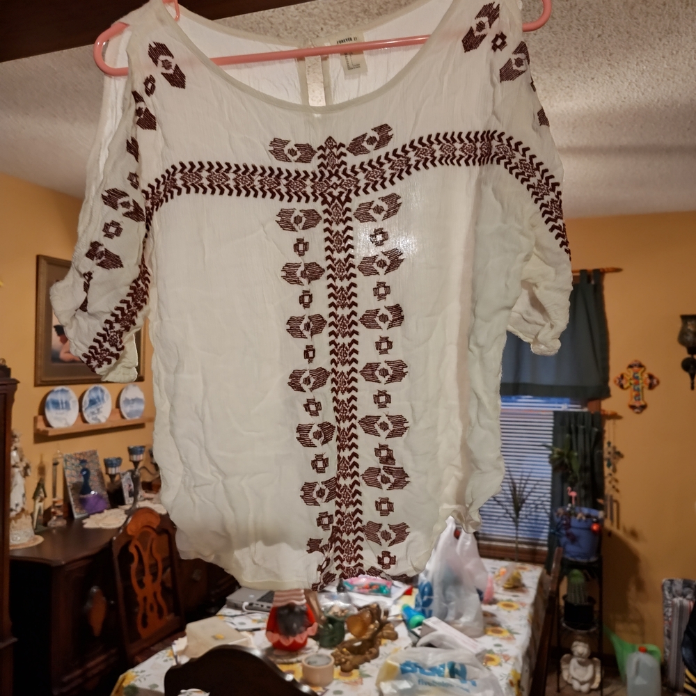White Embroidered Peasant Top with Brown Detail